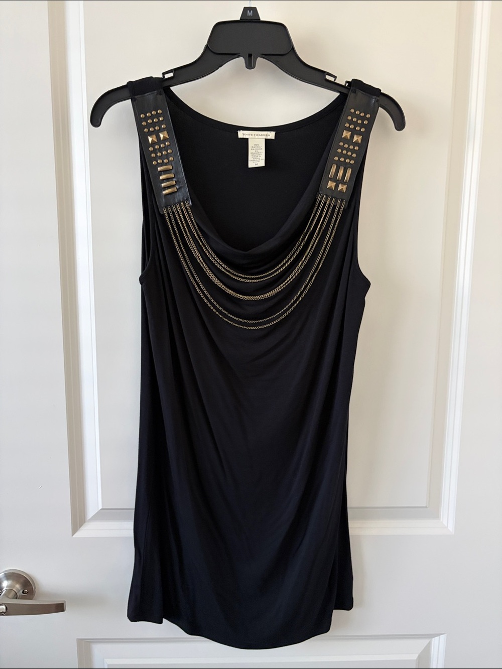 White + Warren Black Embellished Chain-Detail Sleeveless Tunic Top